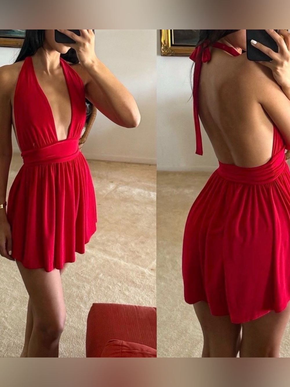Red Backless Halter Mini Dress - Elegant Evening Style